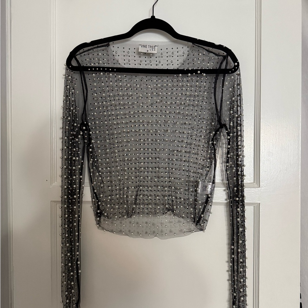 Vine Tree Rhinestone Pearl Embellished Mesh Crop Top - Picture 2 of 2